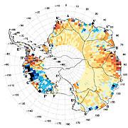 This map shows which areas of Antarctica are thickening.