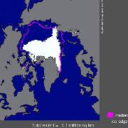 16 Sept 2007: the long-term average summer sea ice extent is shown by the pink line, today’s ice extent is shown in white.
