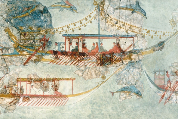 The Minoans were pioneers in long-distance ocean travel, as seen in this sixteenth-century BC wall mural from the Greek island of Santorini, which depicts Minoan ships. But much about that Bronze Age civilization remains poorly known