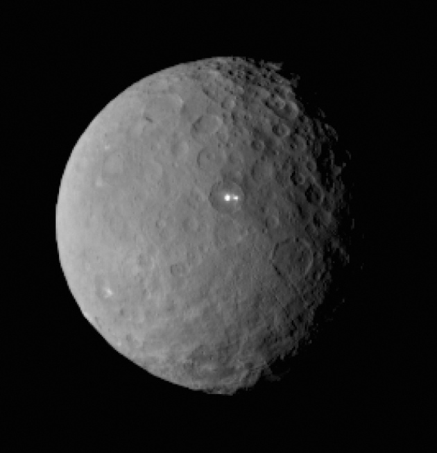 The Dawn spacecraft captured this image of Ceres' twin bright spots on 19 February.