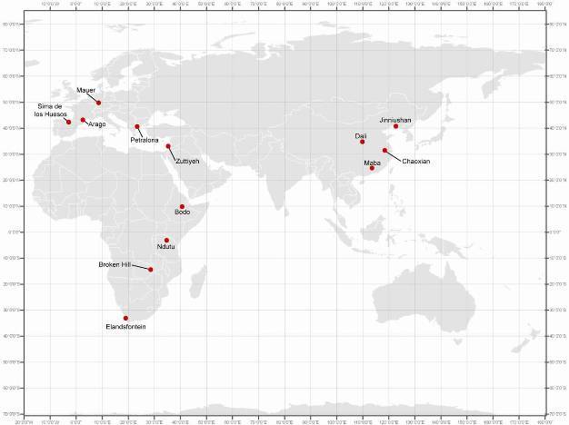 Locations of important archaic Homo sapiens/H. heidelbergensis localities across the Old World.