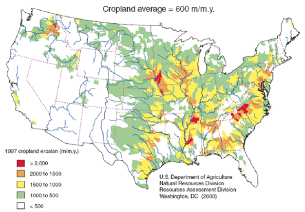 Variation in accelerated erosion rates on cropland in the contiguous US.