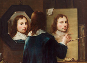 In this painting, a man faces a canvas and a hanging mirror, his back facing the viewer. He is painting a portrait of himself using his reflection in the mirror as a reference.  His face in the reflection is visible to the viewer, as is the unfinished portrait.