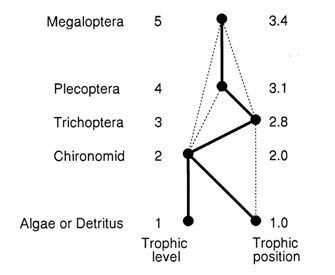 Trophic levels and trophic positions for 6 resources/species shown in the fictional food webs of Figure 1