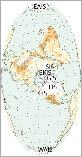 Extent of the Laurentide (LIS), Cordilleran (CIS), Greenland (GIS)