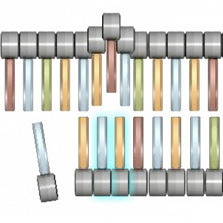 A schematic shows 21 nucleotides arranged to form a partially double-stranded segment of DNA, with 13 nucleotides in the top strand and 8 nucleotides in the bottom strand. Grey horizontal cylinders represent deoxyribose sugar molecules, and blue, red, green, and orange vertical rectangles represent the chemical identity of each nitrogenous base. One nucleotide in the bottom replicating strand has been left out, causing a bulge in the upper strand.