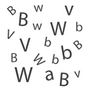 Nineteen black letters of random sizes are shown in a random arrangement on a white background. They include: five uppercase B's; four lowercase b's; three uppercase W's; two lowercase w's; three uppercase V's; one lowercase v, and one lowercase a.