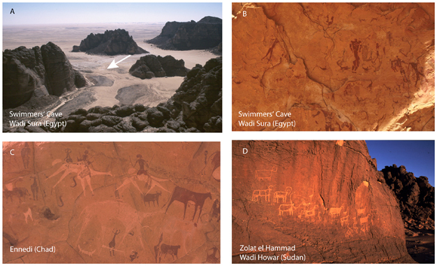 Images of North African prehistoric rock and cave paintings.