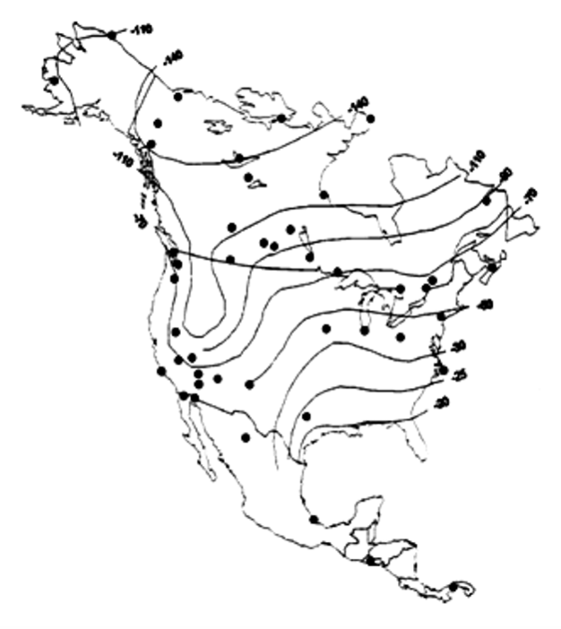 Contours of growing season average deuterium (δD) values in precipitation in North America used to link organisms to broad geographic origins.