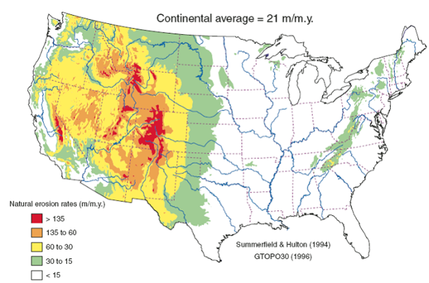 Variation in natural erosion rates across the contiguous US.
