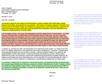 This is an excerpt from Jean-luc Doumont's book, Trees, maps and theorems, showing a sample cover letter for a job application. The letter is three paragraphs long, and each paragraph is highlighted in a different color. Comments beside each highlighted section describe why the text is an example of proper tone in a letter. The introductory paragraph is highlighted in yellow; Jean-luc Doumont explains that the applicant, Wei, has clearly identified the position for which she is applying, and has stated her qualifications. Wei has written that she believes her skills will be valuable to the company's \"water-quality\" research, which indicates that she is familiar with the company's projects. In the following two paragraphs (shaded pink), Wei describes her qualifications in more detail, and projects confidence without sounding arrogant. The closing paragraph is highlighted in green: here, Wei summarizes her qualifications and closes respectfully, thanking the employer for her time and consideration. She offers to provide additional information if needed.