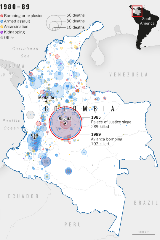Map of terrorist attacks in Colombia 1980-89