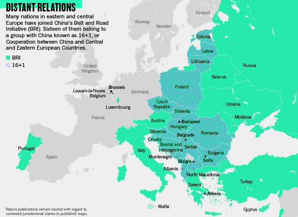 Infographic: Distant relations. Many nations in eastern and central Europe have joined China’s Belt and Road Initiative (BRI). Sixteen of them belong to a group with China known as 16+1, or Cooperation between China and Central and Eastern European Countries.