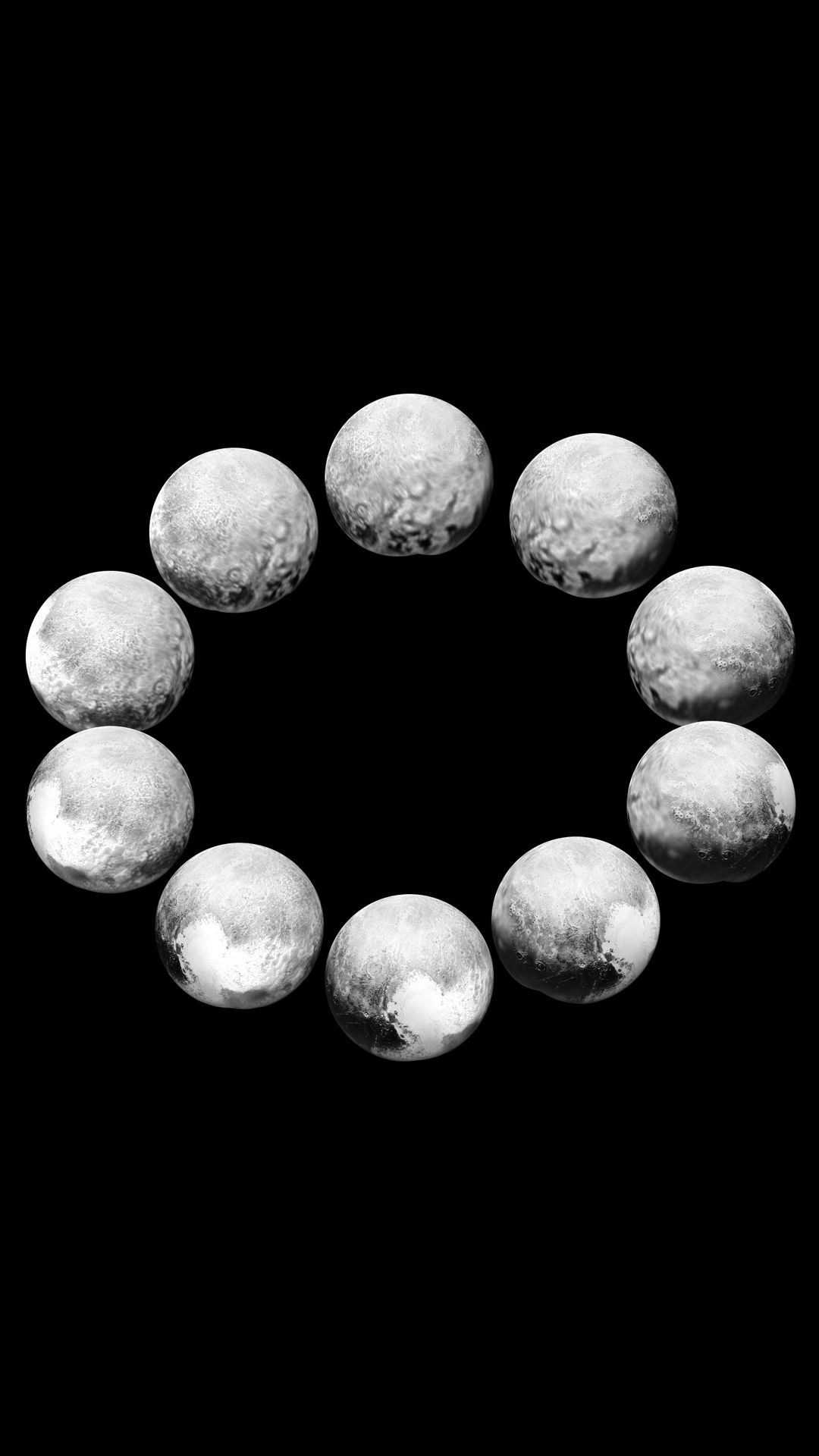 Composite image 10 images of Pluto's different sides arranged in a ring.