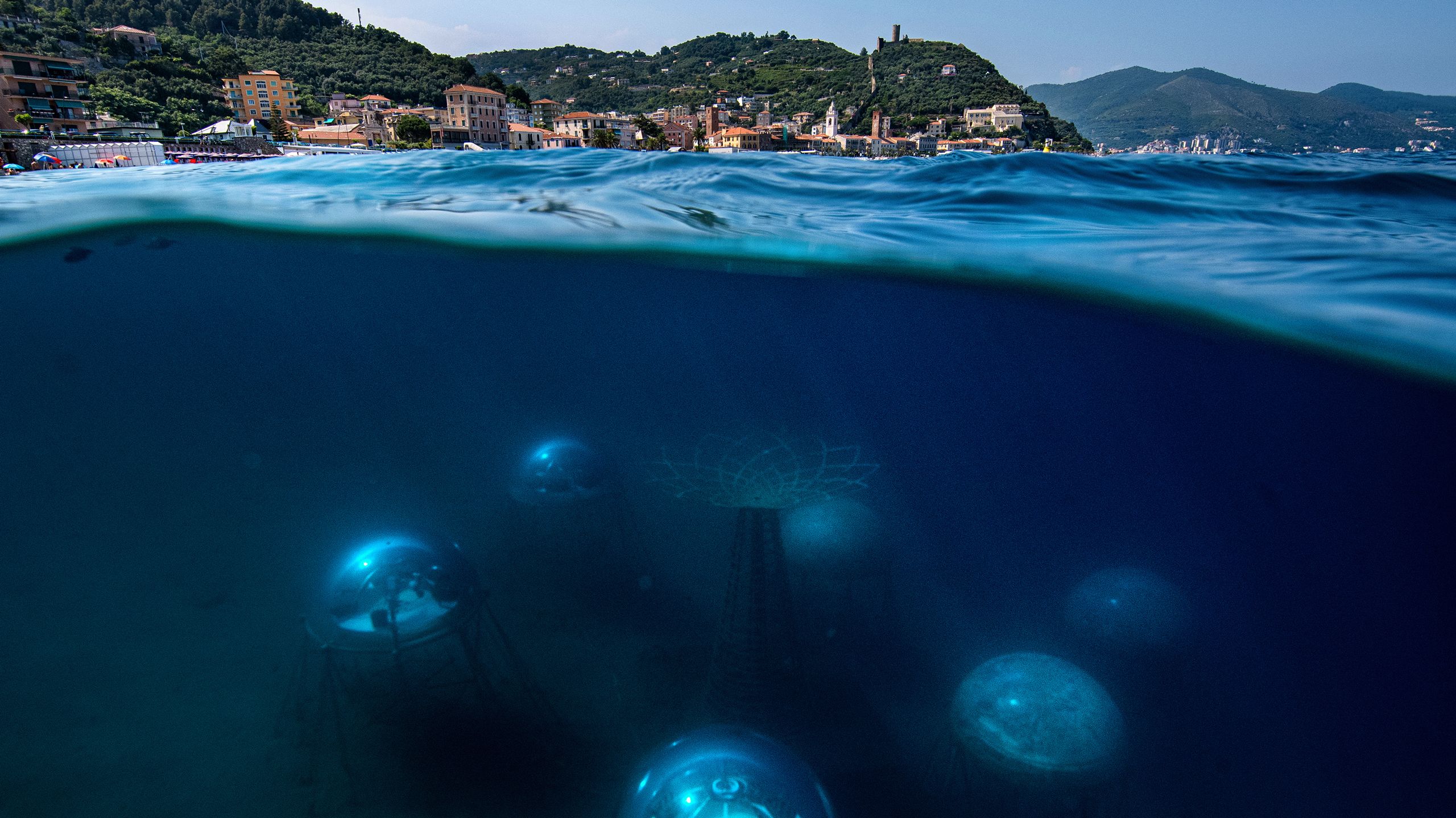 Nemo's Garden seen from the water’s surface. The biospheres are located 40 metres off the Noli shore – a small village on the Ligurian coast. 