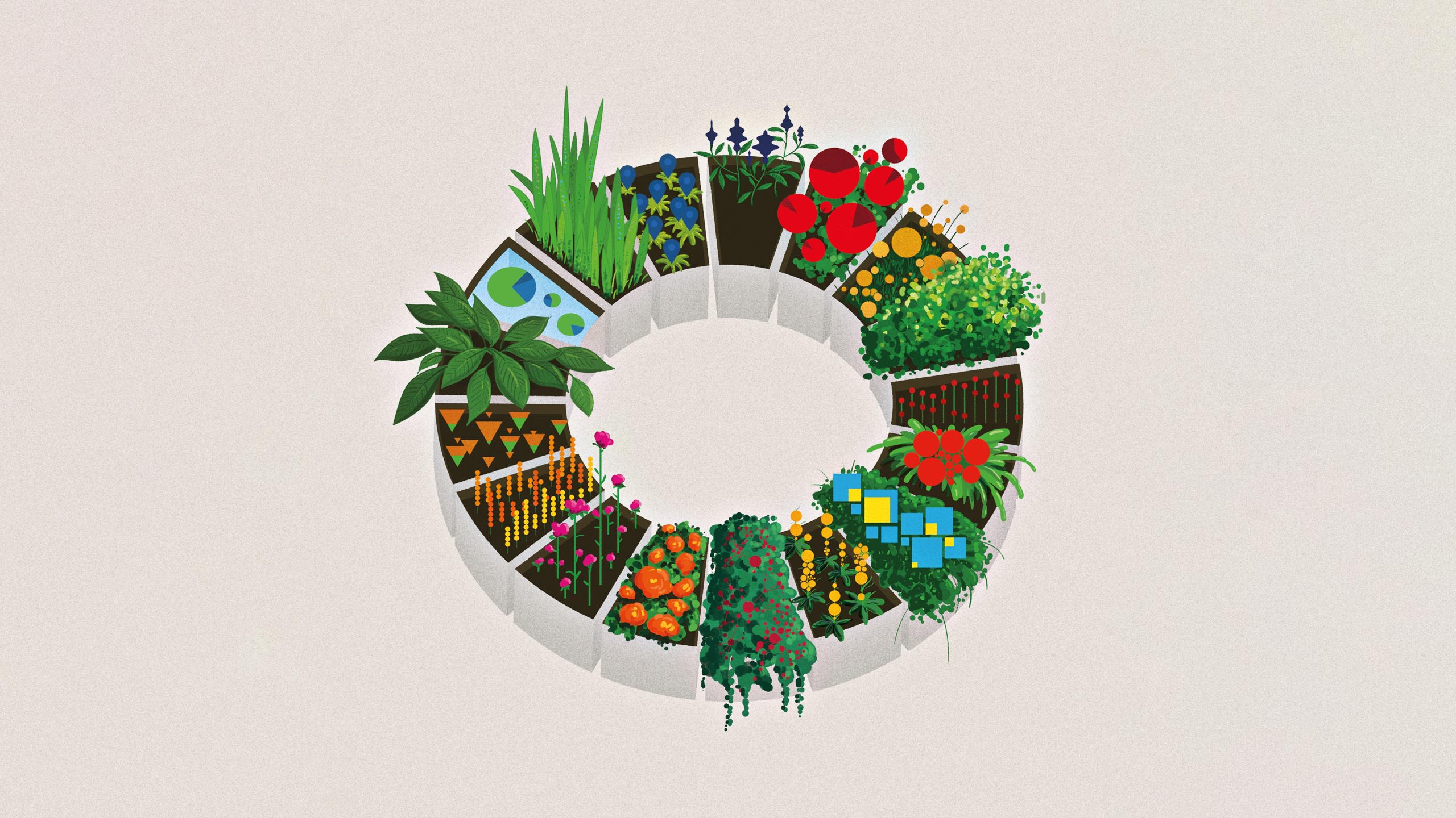Stylized illustration showing a 3D ring with 17 segments. Each segment features organic plant shapes and data visualisation elements.