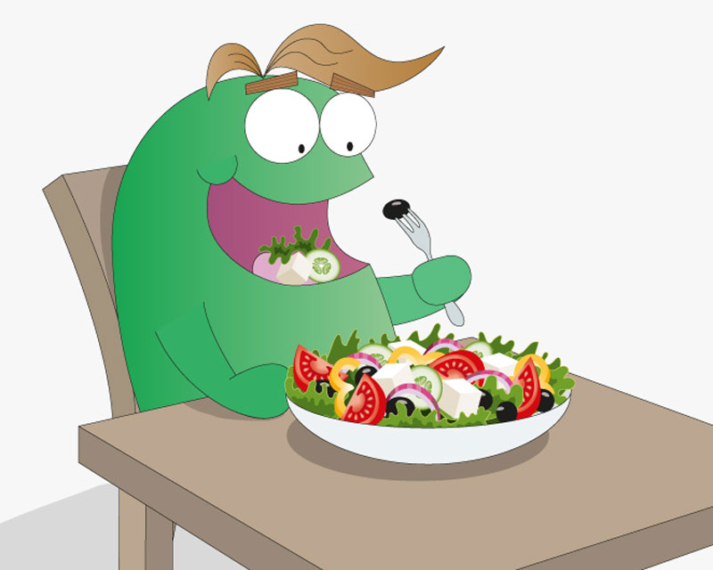 Cartoon of bacterium eating a bowl of salad