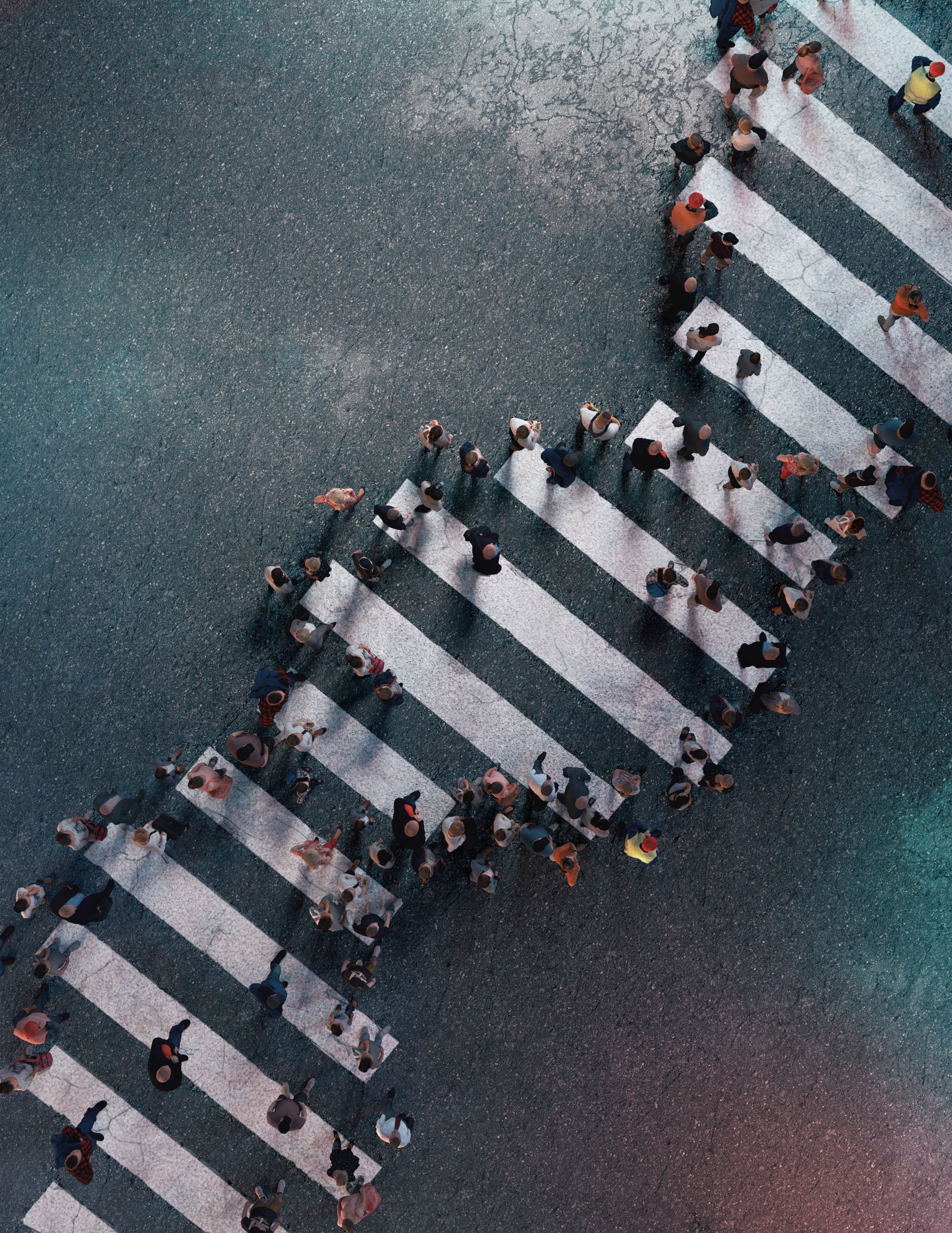 A group of people walking on a zebra crossing, where the stripes have been painted to represent DNA.