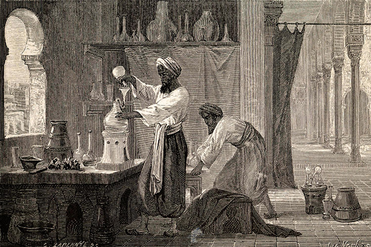 10th century Persian physician, clinician and philosopher depicted in his laboratory in Baghdad