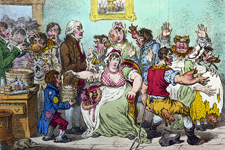 Cartoon of vaccination scene with Dr Jenner vaccinating frightened young woman