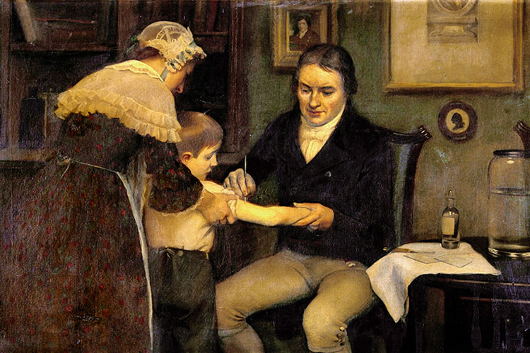 Painting of Dr. Edward Jenner performing his first vaccination on 8-year-old James Phipps in 1796