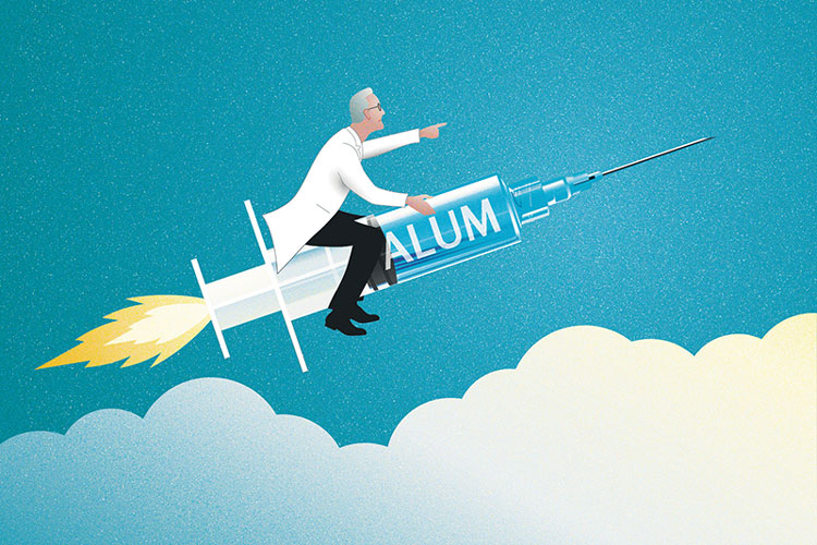 Cartoon of Alexander Thomas Glenny riding a syringe rocket with alum written on the side