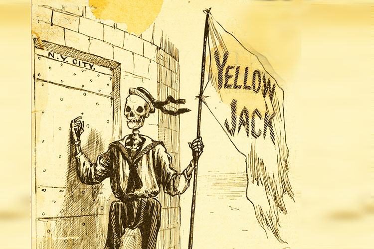 Illustration showing Yellow Jack fever depicted as a skeleton sailor knocking on New York city gates