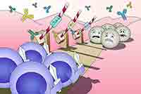 Cartoon showing concept of immunotherapy for sequestering checkpoint proteins to allow T cells to taget cancer cells.