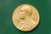 The gold-plated Nobel Prize medal, showing the profile view of a man’s head (Alfred Nobel), wearing a beard and short, cropped hair. ‘Alfred Nobel’ is engraved to the left and the years ‘1833’ and ‘1896’ in roman numerals are engraved to the right.
