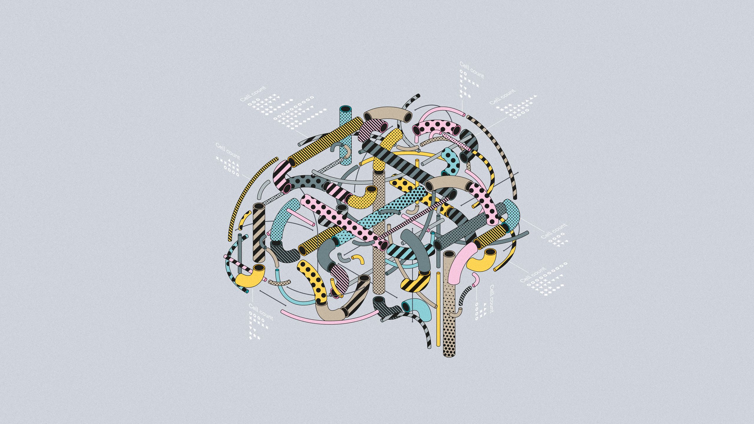 Stylised illustration of the human brain constructed from colourful pipes.