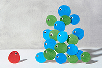 Cluster of green and blue circles with eyes looking at a lone red circle looking back on a grey background.