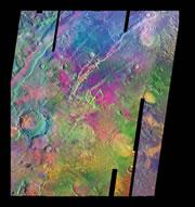 This false colour image of Mars shows mounds of olivine minerals in purple, which could make methane.