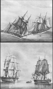 The pictures in Caussée’s book refer to ships moored in windless but rolling seas (top: ‘Calme avec grosse houle’) and in a flat calm (bottom: ‘Le calme plat’). Click here to read the original cap