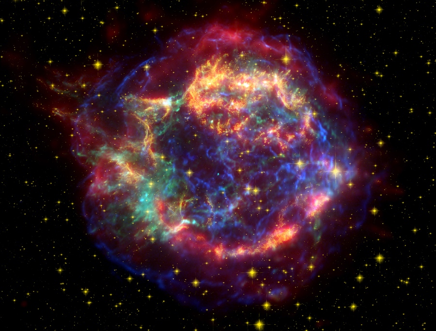 NASA/JPL-Caltech/STScI/CXC/SAO Oceanic sediment contains an iron isotope that ancient bacteria accumulated 2.2 million years ago when debris rained on Earth from a supernova explosion. Shown are the remnants of a much younger supernova remnant, Cassiopeia A, shown in a composite image from three NASA observatories.