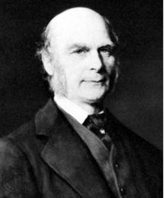 A black-and-white photograph shows the scientist Francis Galton mostly balding with cheek-length sideburns in a dark suit coat, lighter vest, dark tie, and white shirt.