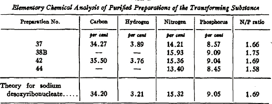 A six-column table shows the elemental composition of four transforming compounds and DNA (sodium deoxyribonucleate). The compounds are listed in column one; the percent carbon, hydrogen, nitrogen, and phosphorus are shown in column two, three, four, and five, respectively. The ratio of nitrogen to phosphorus is shown in column six.