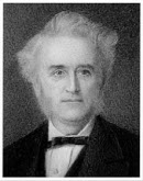 A black-and-white painting shows a portrait of the physician John Langdon Down. He is wearing a white collared shirt, black bowtie, and black suit jacket. He has bushy white hair and long sideburns.