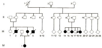 A pedigree diagram shows the manifestation of Beckwith-Weidermann syndrome (BWS) in a single family over four generations. Each generation occupies a single horizontal row in the diagram. Circle and square symbols represent female and male family members, respectively. A horizontal line below the symbols connects two individuals that form a mating pair. A vertical line connects the mating pair to their offspring in the next generation. A horizontal line above the symbols connects siblings. Individuals in a generation are numbered; number 1 is assigned to the left-most individual within each generation. There are three individuals in generation 1. There are 12 individuals in generation two. There are 26 individuals in generation three. There is a single individual in generation four.