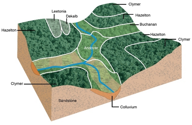 Block diagram showing distribution of soil bodies across a landscape.