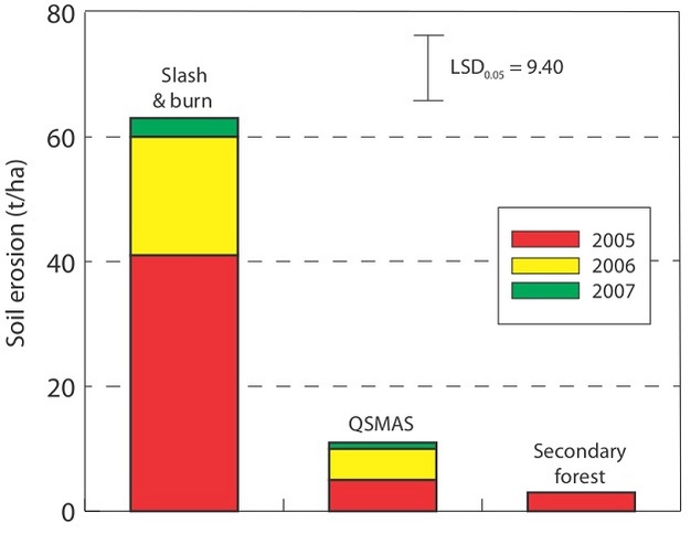 Erosion rates associated with  traditional slash and burn, the Quesungual system and secondary forest.