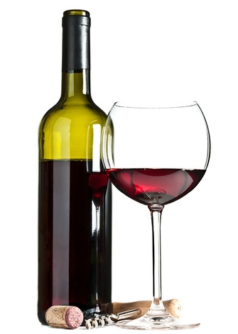 A photograph shows a a bottle of red wine and next to a wine glass also filled with red wine.