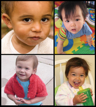 Four photographs show young children of varying ethnicities exhibiting different facial expressions and behaviors. One close-up photograph is a portrait of a baby looking directly into the camera. A second photograph shows a baby in a light blue shirt and light green shorts crawling on a multi-colored play mat, staring with bewilderment into the camera. A third photograph shows a smiling baby wearing a blue shirt and red, short-sleeved sweater. A fourth photograph shows a laughing baby. The baby in pajamas is seated in a white kitchen chair and holds a green plastic cup with a sipping attachment that prevents spills.
