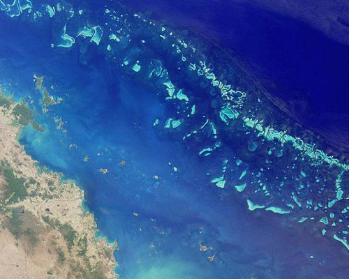 Satellite image of the Great Barrier Reef, a 2600-km long constellation of reefs and islands off the northeast coastline of Australia.