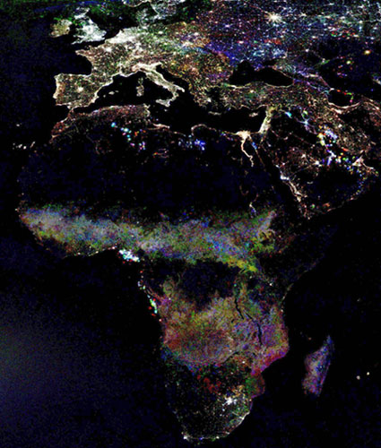 The two realms of contemporary fire: a satellite composite of evening lights from Europe and Africa
