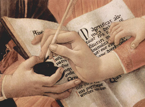A painting shows three hands over an open book of Latin writing. The hand in the center of the frame is holding a calligraphy utensil over a jar of black ink, which is held by a second hand extending from behind the left edge of the frame. A third hand, smaller than the first two hands, is extending from behind the right edge of the frame, and is simultaneously touching the scribe’s wrist and holding the page of the book flat.