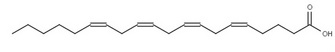 This diagram shows the structural formula of arachidonic acid, which is a 20-carbon chain with a carboxyl group at the far right terminus of the chain. The carbons in the chain are mostly connected by single bonds, except in four positions where carbons are connected by double bonds. According to the omega labeling system, these double bonds occur between carbons 6 and 7, carbons 9 and 10, carbons 12 and 13, and carbons 15 and 16.