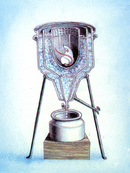 A cutaway illustration shows a mouse inside an ice calorimeter apparatus. The calorimeter is a cylindrical container with a funnel at its base that has two chambers: an inner chamber containing the mouse, and an outer chamber containing ice. The heat of the animal melts the ice, and the water flows through the funnel and is collected in a cylindrical pot below the apparatus.