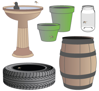 A series of illustrations show five examples of habitats where mosquitoes lay their eggs. The habitats are: a bird bath, two green plant pots, a glass jar, a rubber tire lying on its side, and an upright wooden barrel.