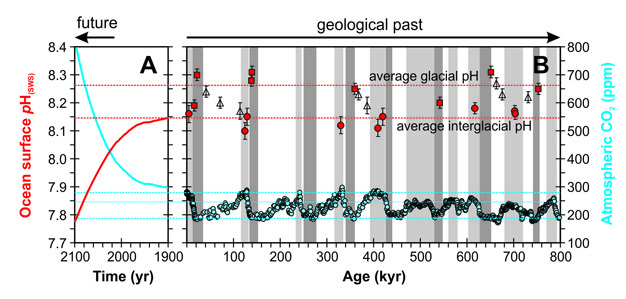 How historical and future ocean acidification compares with the geologic past.