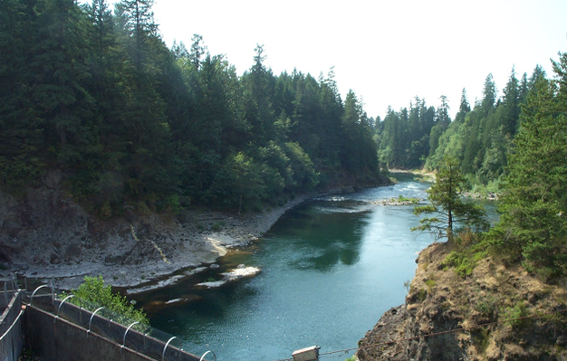 Entrenchment and absence of sediment below River Mill Dam on the Clackamas River in Oregon.